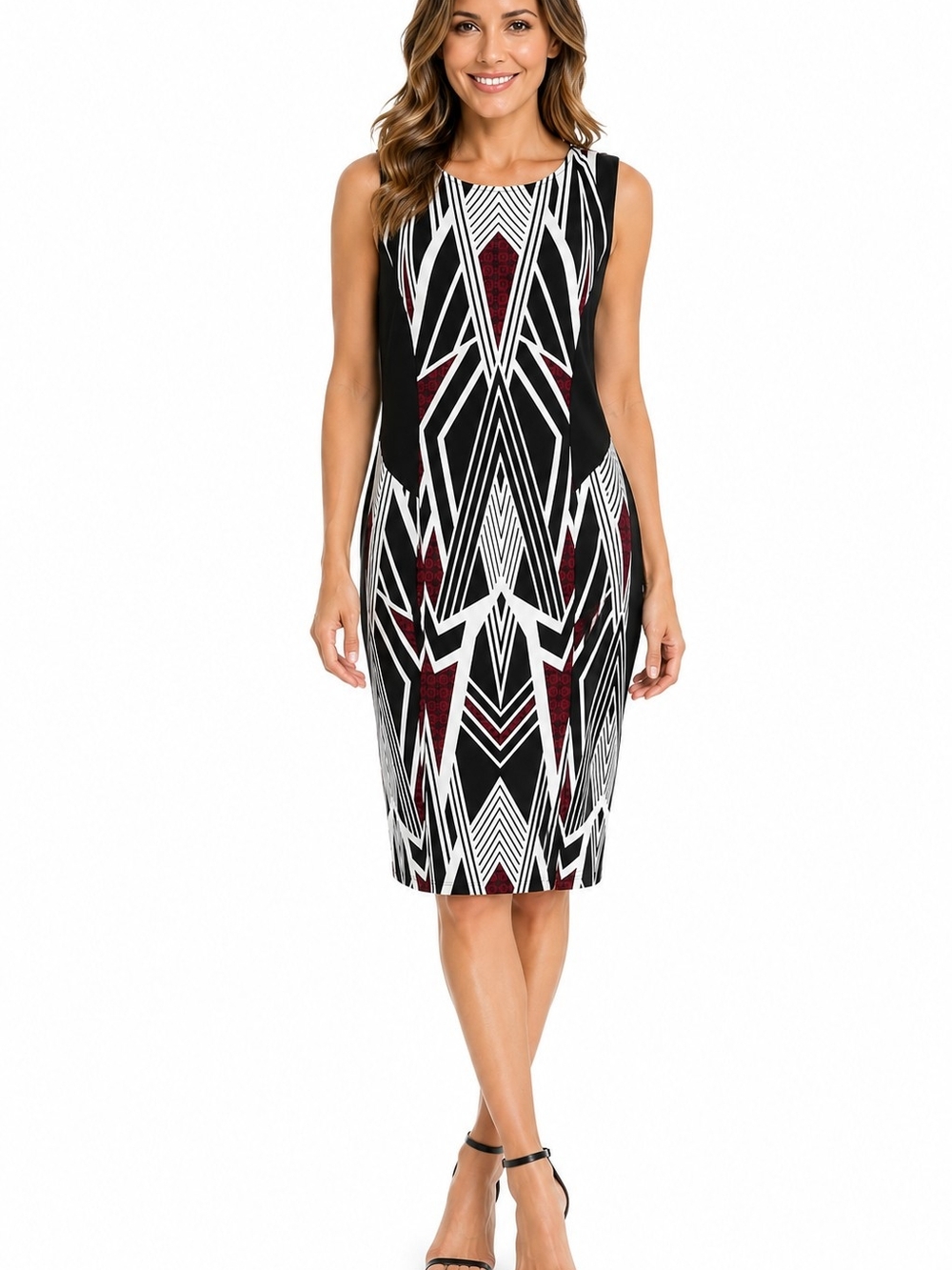 Mossimo Sleeveless Geometric Midi Dress in Black, White & Burgundy Women's XX/TT